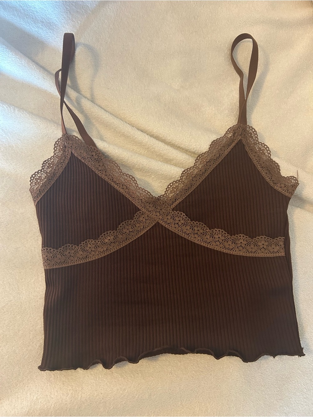 Divided Brown Ribbed Lace-Trim Cami Tank - Brown